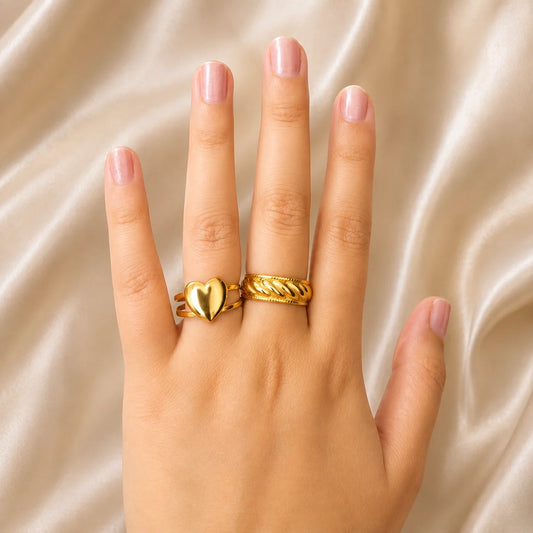 Pack Of 2 Golden Entwined & Heart Ring Duo Combo