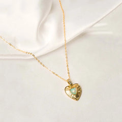 Glistering Blue Engraved Heart Pendant Necklace - 18K Gold Plated