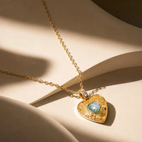 Glistering Blue Engraved Heart Pendant Necklace - 18K Gold Plated