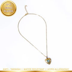 Glistering Blue Engraved Heart Pendant Necklace - 18K Gold Plated