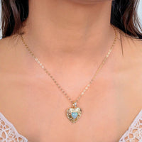 Glistering Blue Engraved Heart Pendant Necklace - 18K Gold Plated