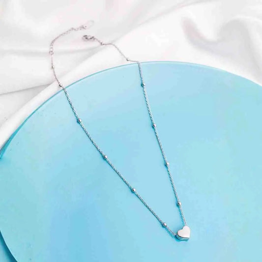 Silver Heart Beaded Chain Necklace - Rhodium Plated