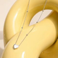 Silver Heart Beaded Chain Necklace - Rhodium Plated