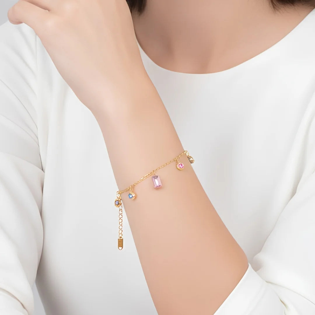 Colourful Gemstone Chain Bracelet - 18K Gold Plated