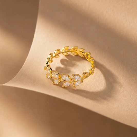 Golden Crystal Leaf Ring - 18K Gold Plated