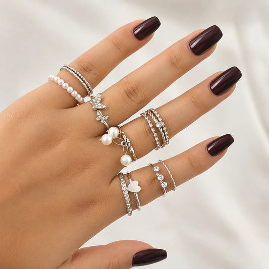 Pack of 12 Eclectic Silver Pearl Sparkling Rings Combo