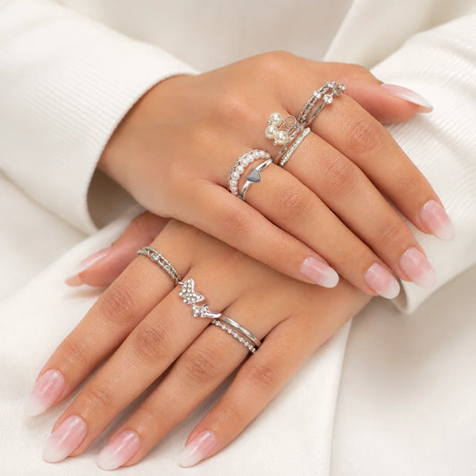Pack of 12 Eclectic Silver Pearl Sparkling Rings Combo