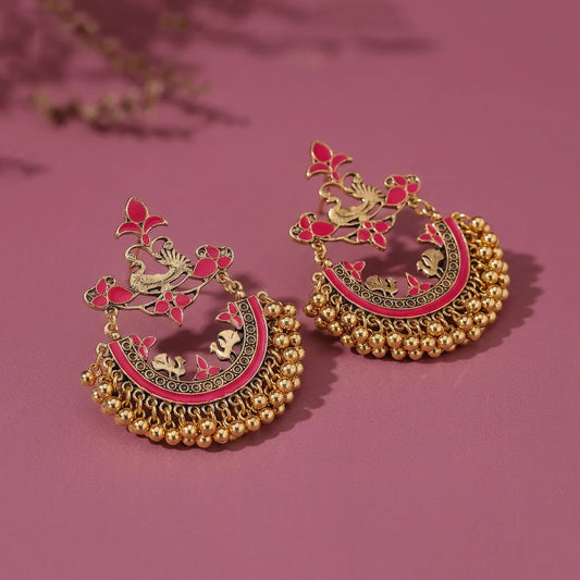Peacock Pink Enamel Chandbali Earrings