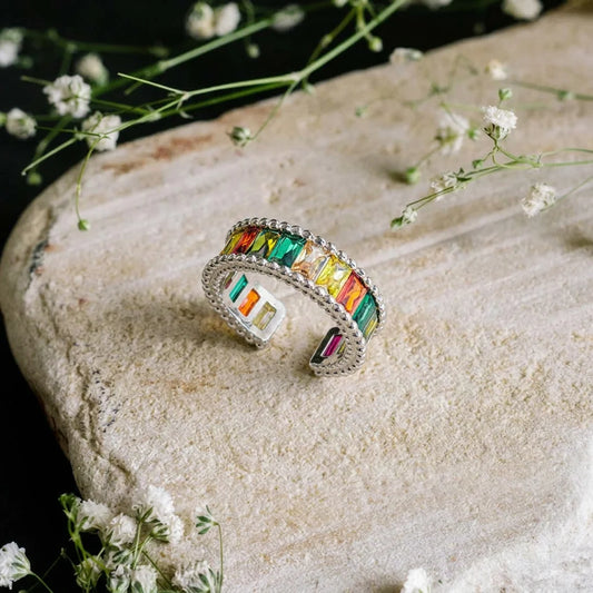 Silver Colourful Rectangular Gem Ring