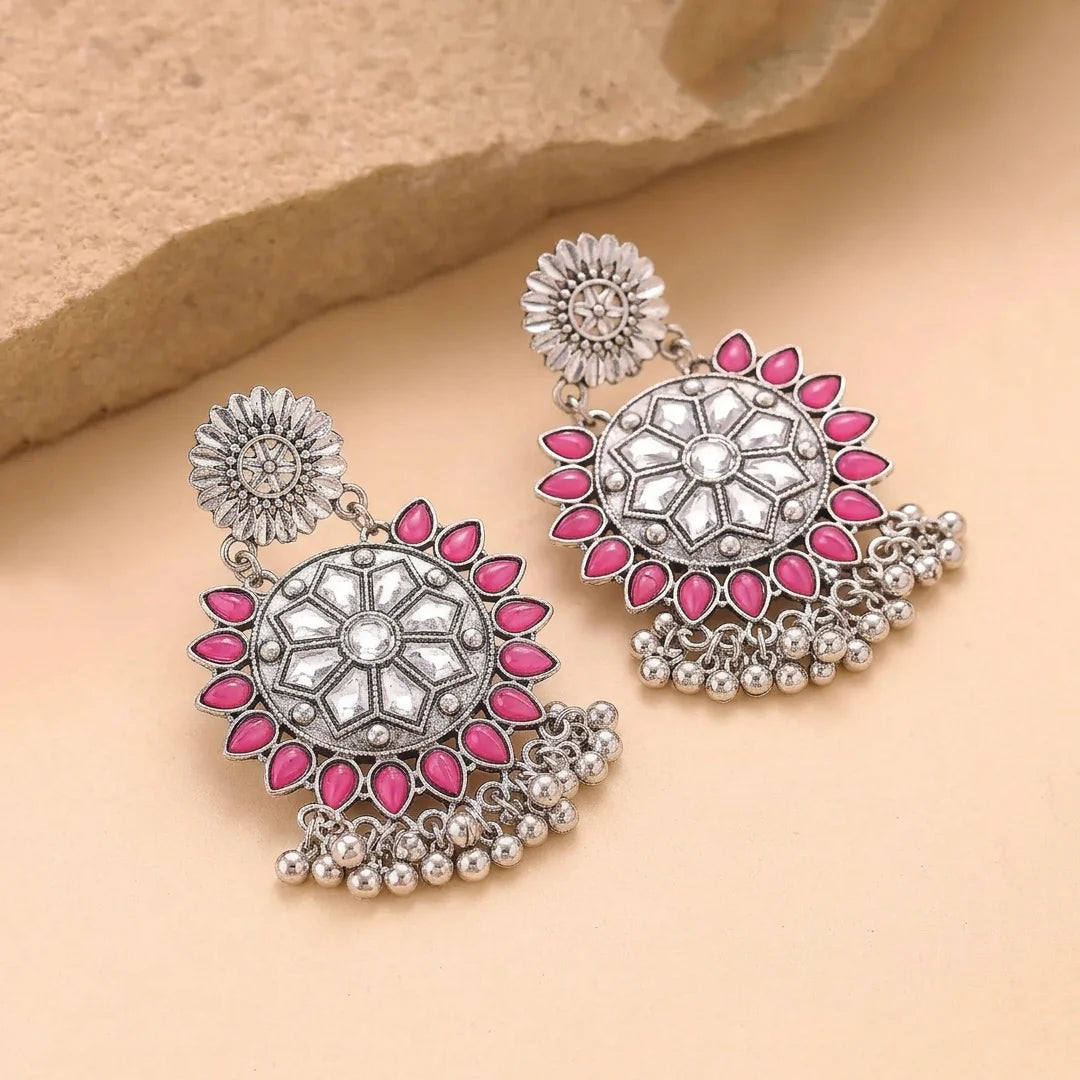 Silver Magenta Floral Geometric Earrings
