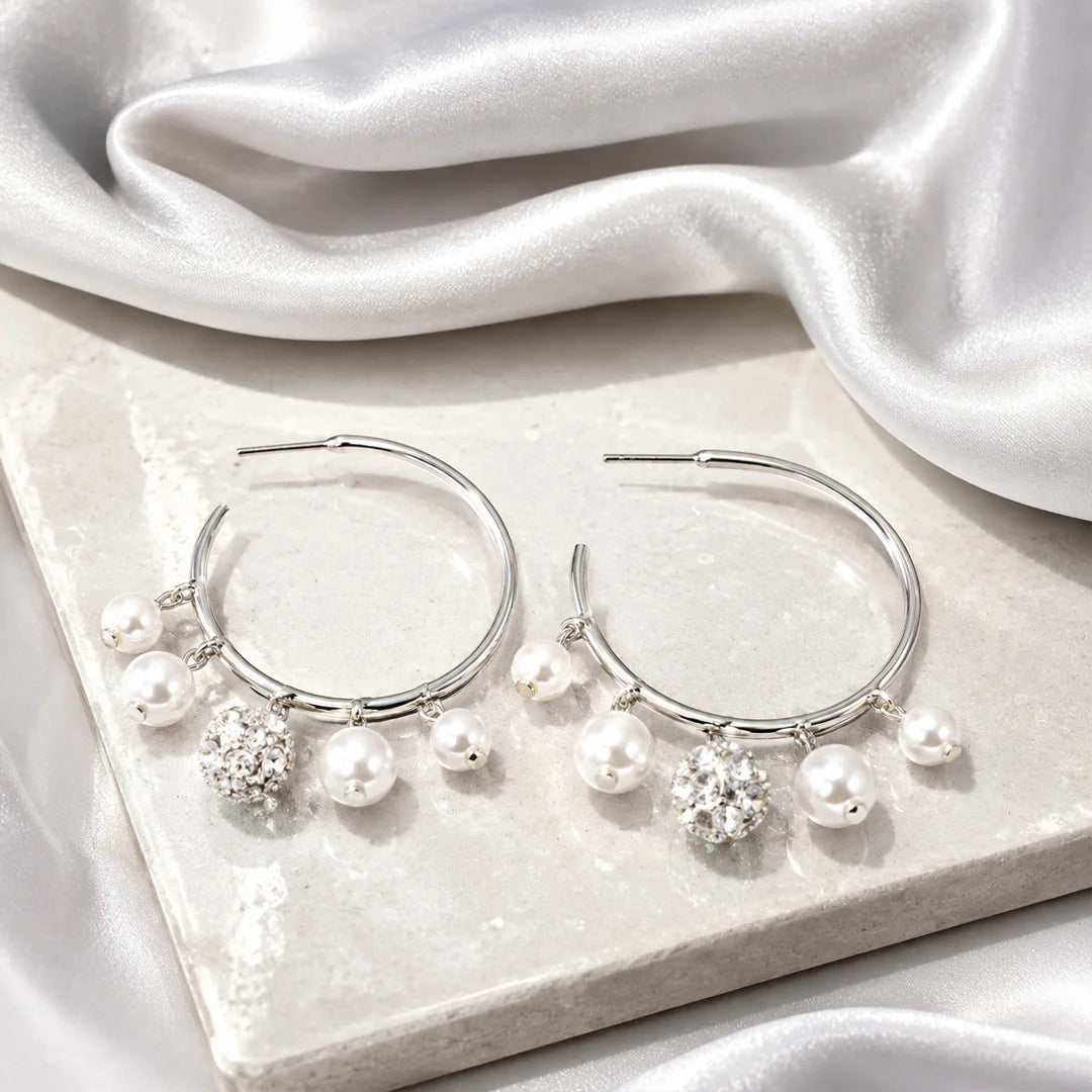 Silver Sparkle Pearl Charm Earrings