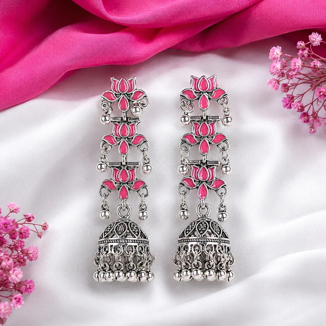 Silver Pink Lotus Jhumka Earrings