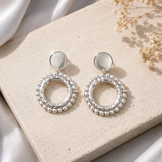 Silver Disc Pearl Drop Earrings