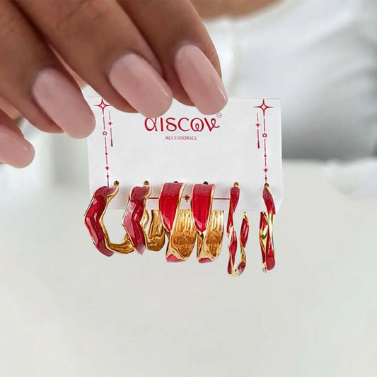 Set Of 3 Golden Red Hoops Earring Combo
