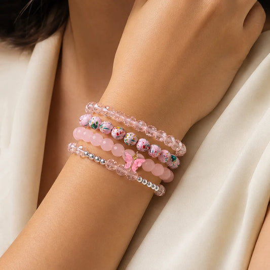 Pack Of 4 Pink Butterfly Beaded Bracelet Combo