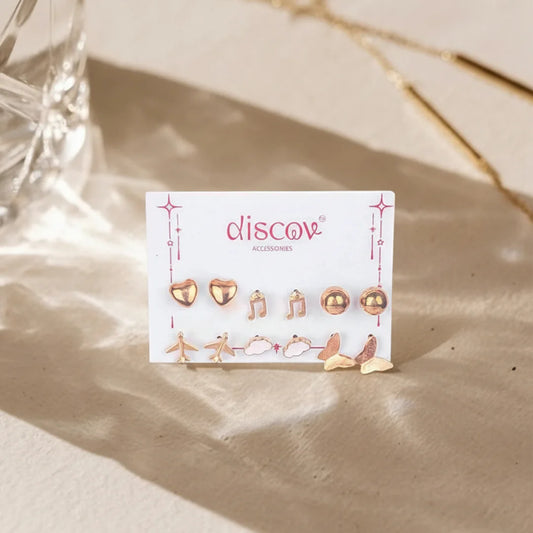 Set of 6 Playful Golden Mini Stud Earrings