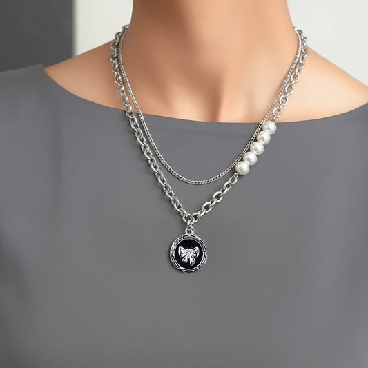 Chic Black Bow And Pearl Layered Necklace - Rhodium Plated