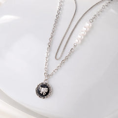 Chic Black Bow And Pearl Layered Necklace - Rhodium Plated