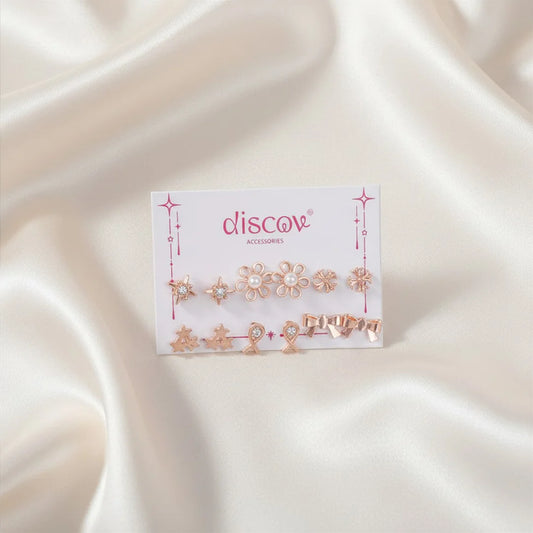 Set of 6 Golden Crystal Charm Studs