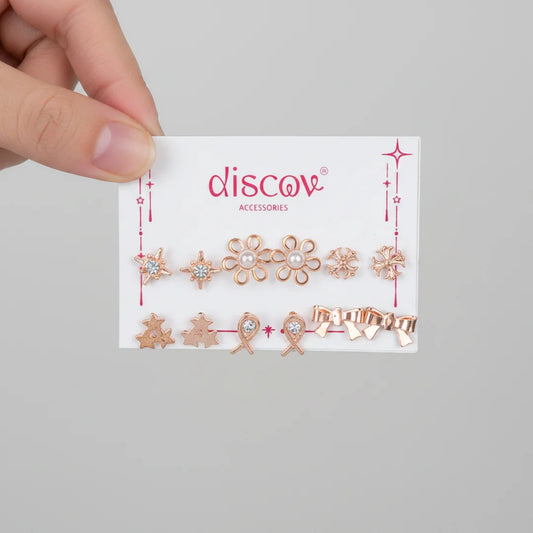Set of 6 Golden Crystal Charm Studs