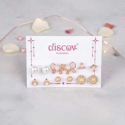 Set of 6 Golden Pearl Bow And Bloom Studs