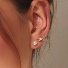 Set of 6 Golden Pearl Bow And Bloom Studs