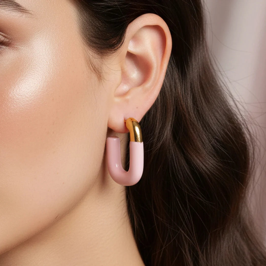Pastel Pink U Shaped Open Hoops - 18K Gold Plated