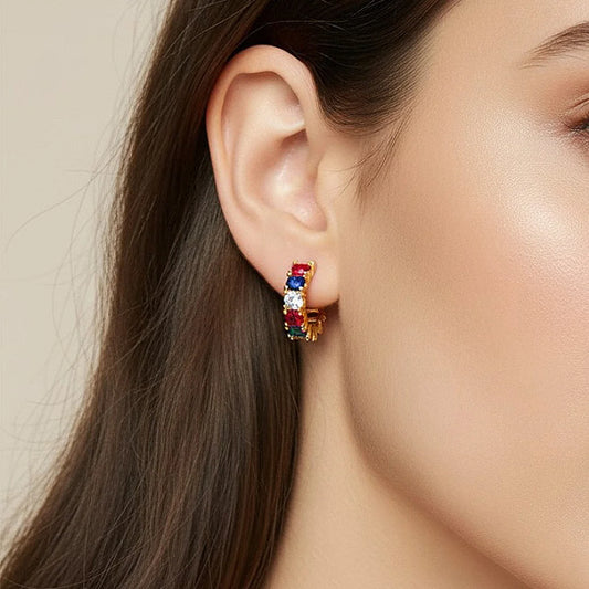 Rainbow Gem Hoop Earrings - 18K Gold Plated