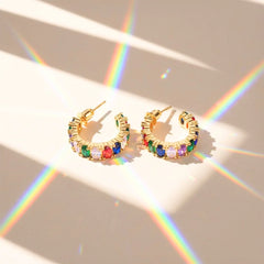 Rainbow Gem Hoop Earrings - 18K Gold Plated