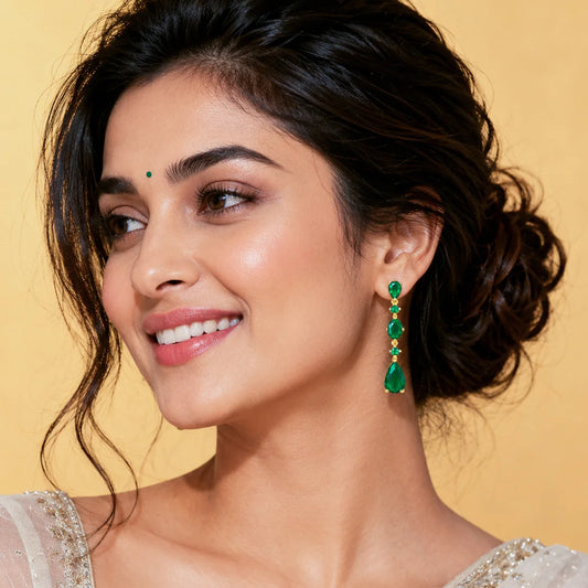 Emerald Cascading Dangle Earrings - 18K Gold Plated