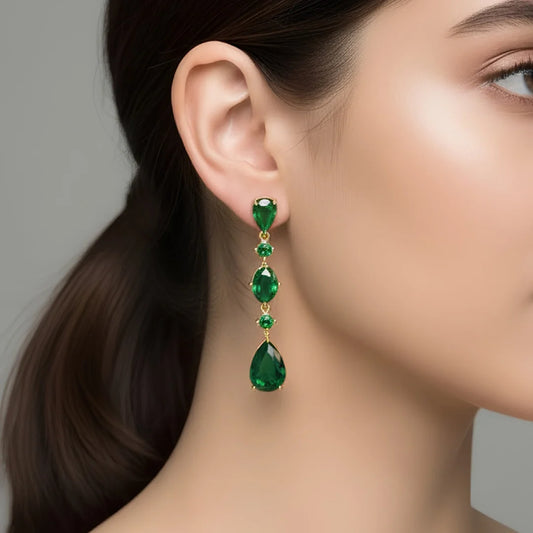 Emerald Cascading Dangle Earrings - 18K Gold Plated