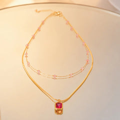 Crystal Pink Layered Necklace - 18K Gold Plated