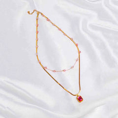 Crystal Pink Layered Necklace - 18K Gold Plated
