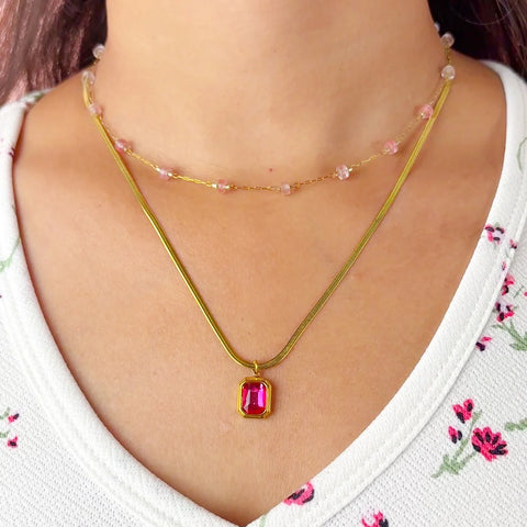 Crystal Pink Layered Necklace - 18K Gold Plated