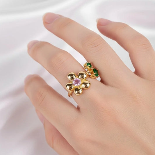 Golden Gem Flower Ring - 18K Gold Plated