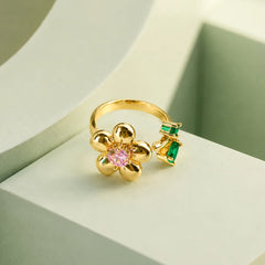 Golden Gem Flower Ring - 18K Gold Plated