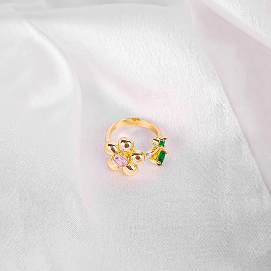 Golden Gem Flower Ring - 18K Gold Plated