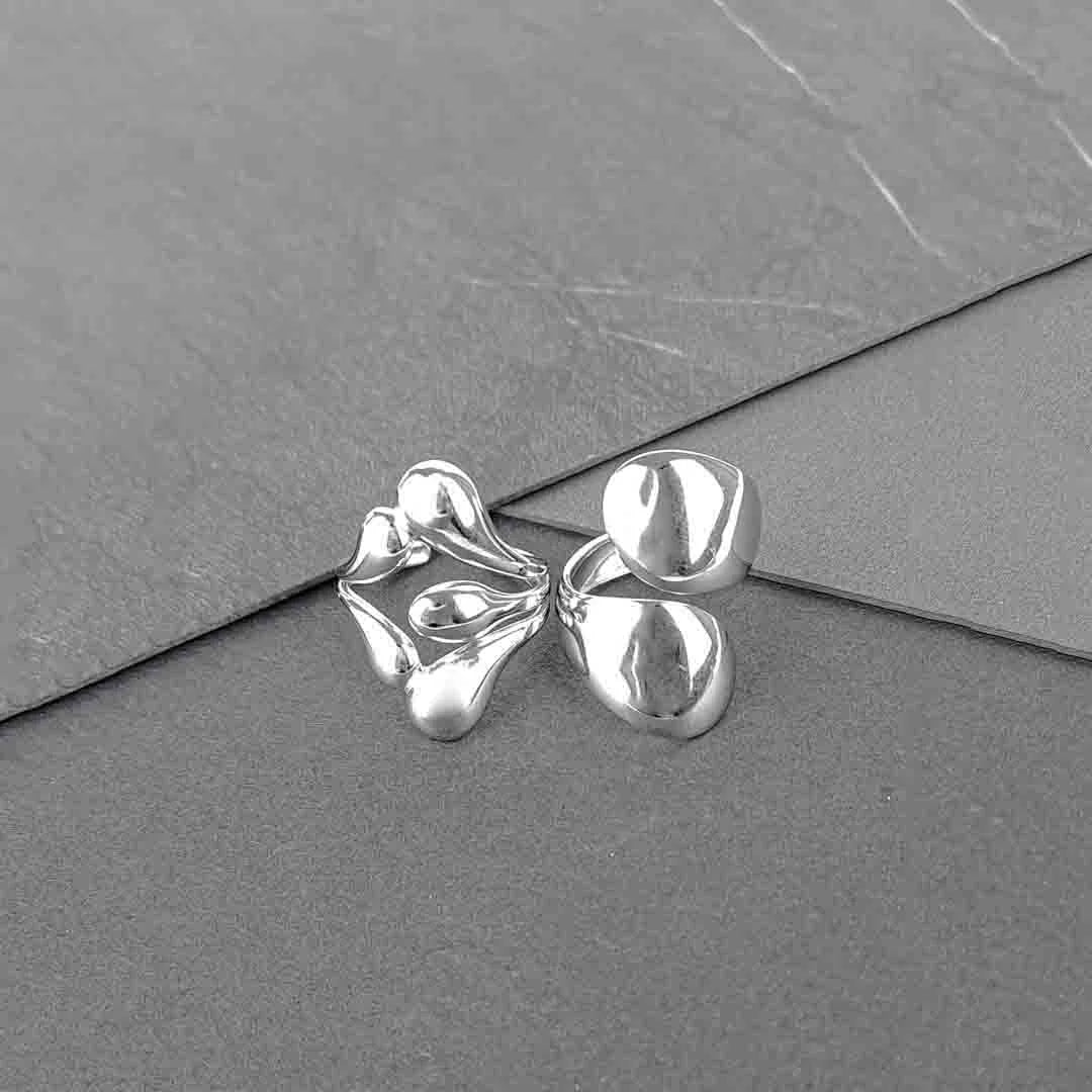 Pack Of 2 Statement Wave Rings - Rhodium Plated