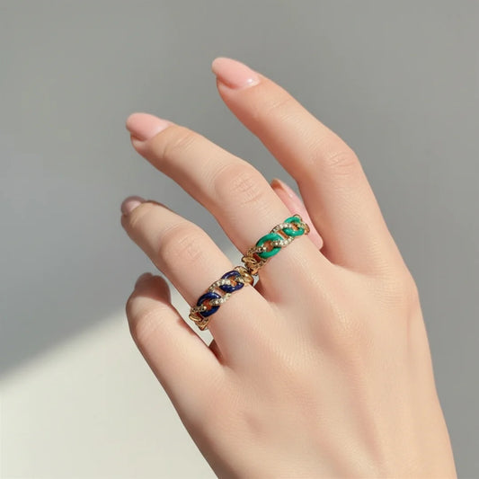 Pack of 2 Enamel Curb Chain Rings - 18K Gold Plated