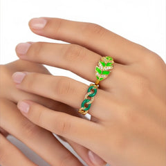 Pack of 2 Tropical Leaf & Link Ring Duo - 18K Gold Plated