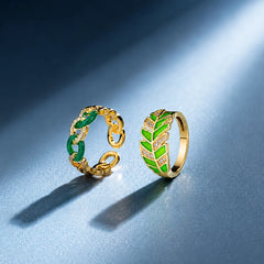 Pack of 2 Tropical Leaf & Link Ring Duo - 18K Gold Plated