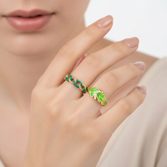 Pack of 2 Tropical Leaf & Link Ring Duo - 18K Gold Plated
