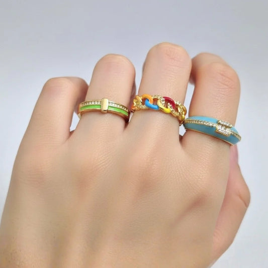 Pack of 3 Colourful Enamel Rings - 18K Gold Plated