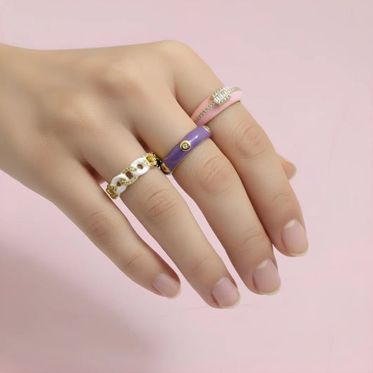 Pack of 3 Statement Sparkle Enamel Rings - 18K Gold Plated