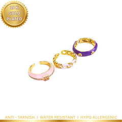 Pack of 3 Statement Sparkle Enamel Rings - 18K Gold Plated