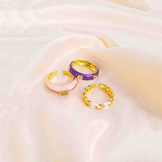 Pack of 3 Statement Sparkle Enamel Rings - 18K Gold Plated