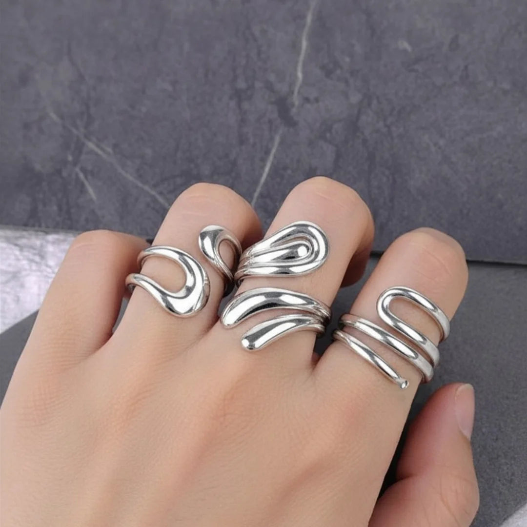 Pack of 3 Sculptural Rings - Rhodium Plated
