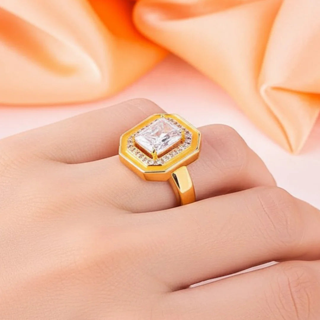 Radiant Sunlit Crystal Halo Ring - 18K Gold Plated