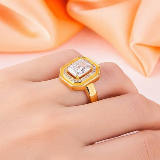 Radiant Sunlit Crystal Halo Ring - 18K Gold Plated