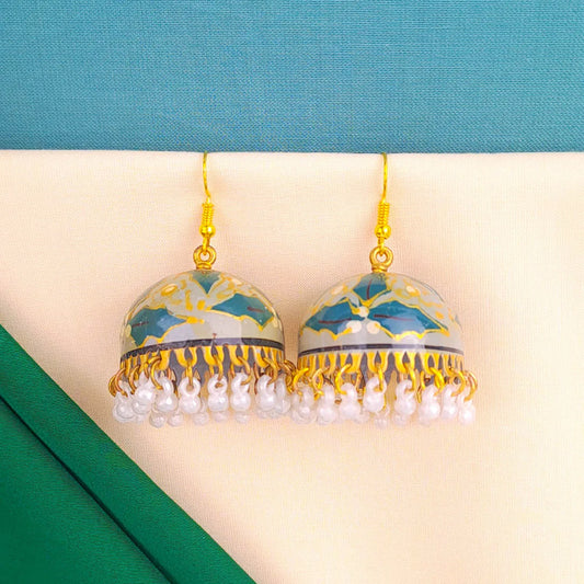Floral Teal Blossom Meenakari Jhumka